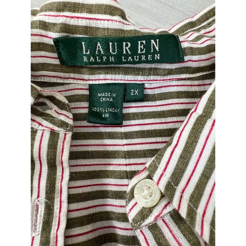 Lauren Ralph Lauren Linen Button Down Shirt Striped Green White Red Sz 2X Preppy - Picture 6 of 9